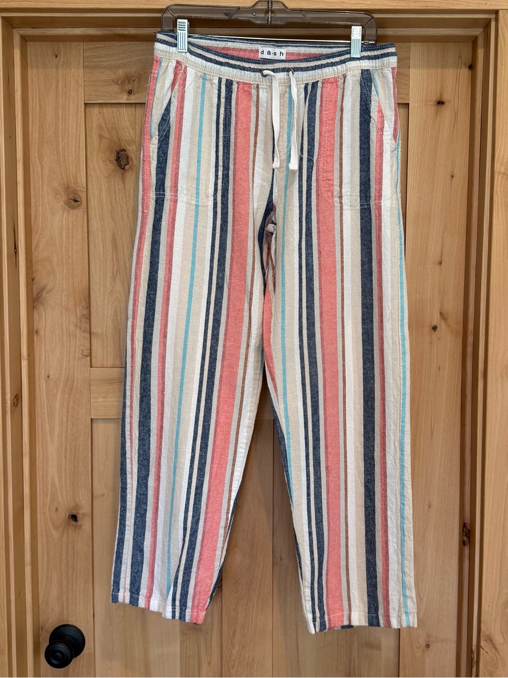 Dash Multi-Stripe Drawstring Linen Blend Women’s Pants in Coral, Navy & Cream